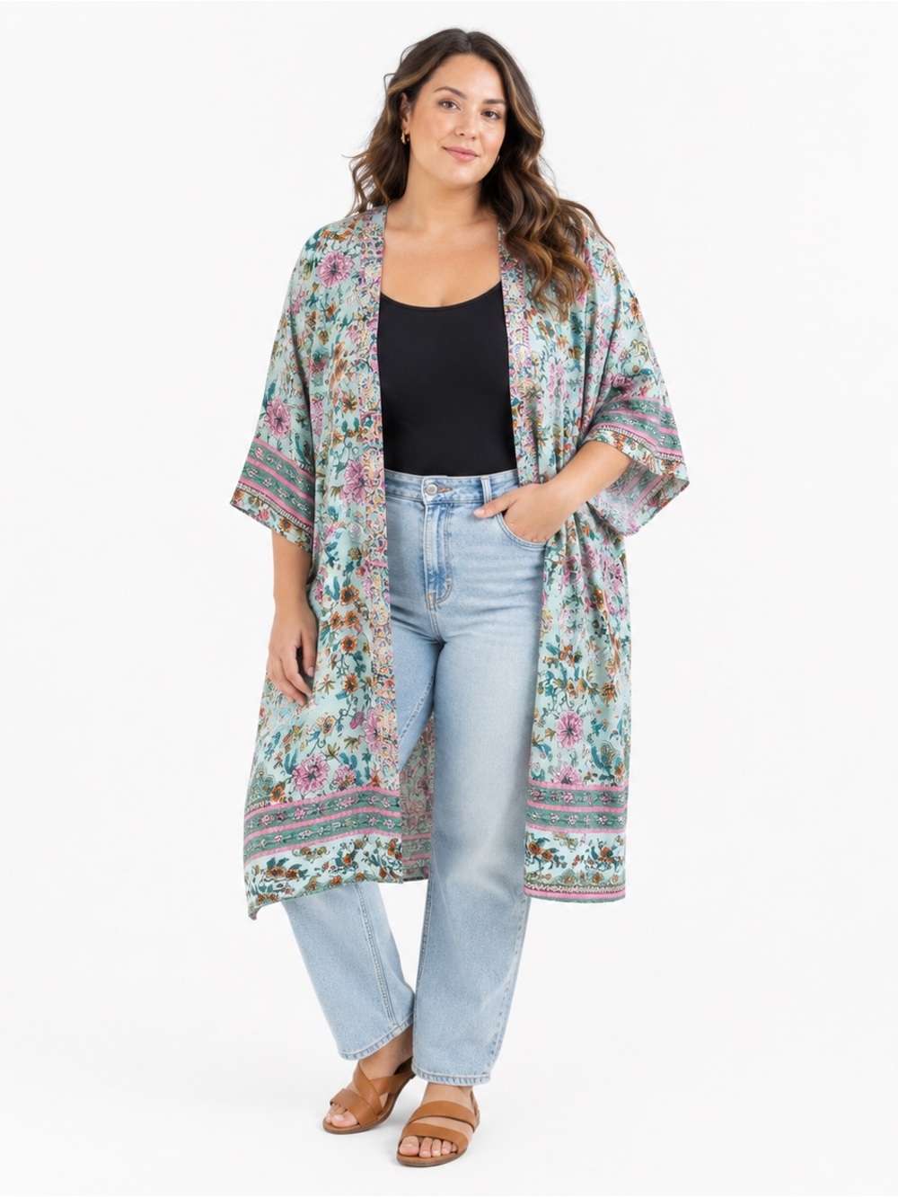 Floral Border Print Longline Kimono Beach Cover-Up open Front Duster O/S plus!